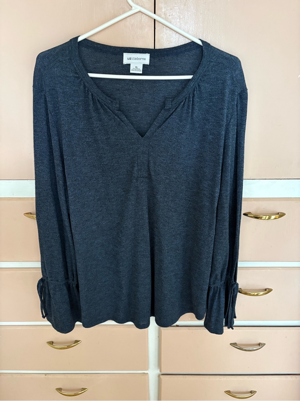 Liz Claiborne Dark Charcoal V-Neck Long Sleeve Top with Tie Cuffs